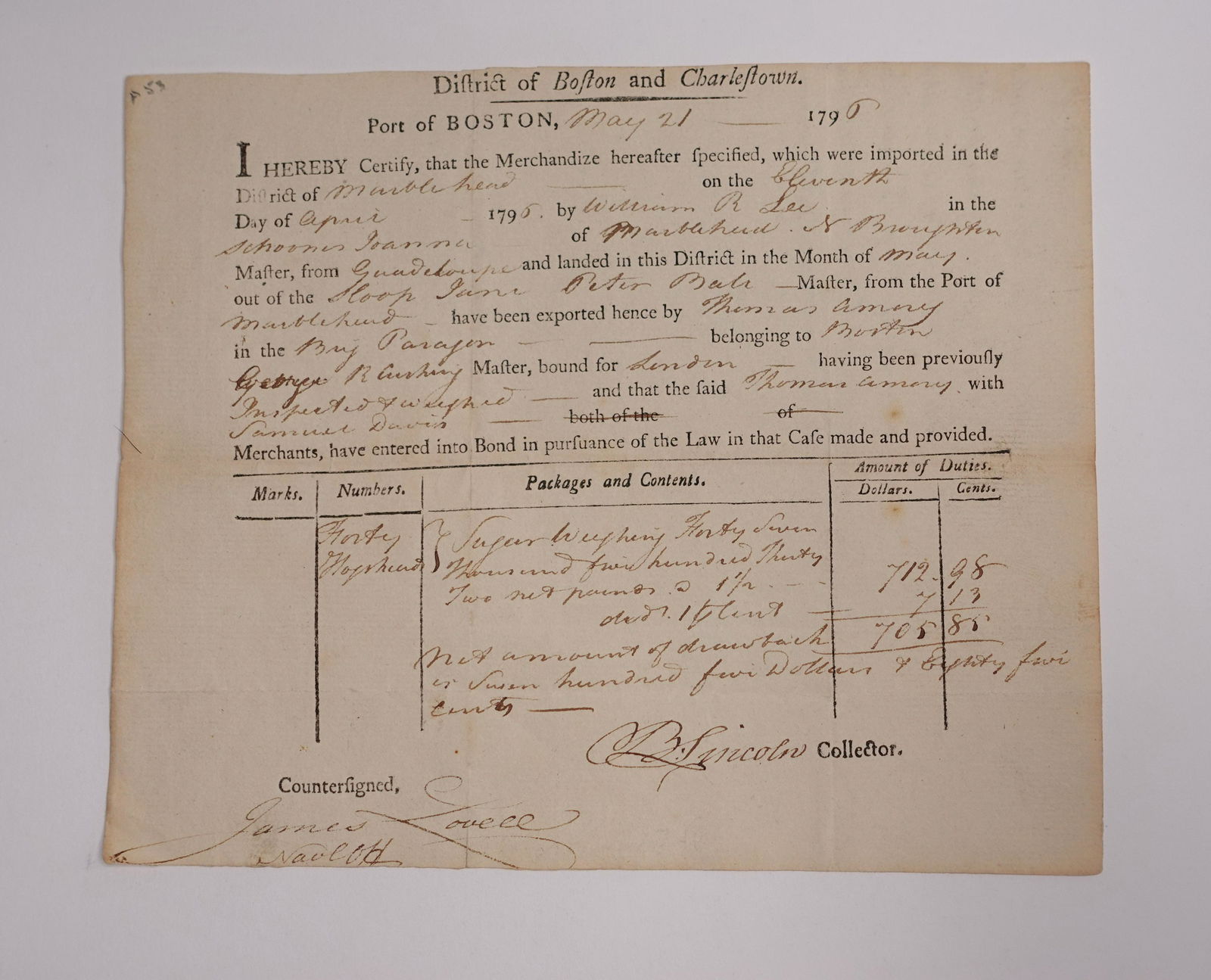 A SIGNED IMPORT DOCUMENT BY FORMER UNITED STATES SECRETARY OF WAR BENJAMIN LINCOLN (1 of 1)