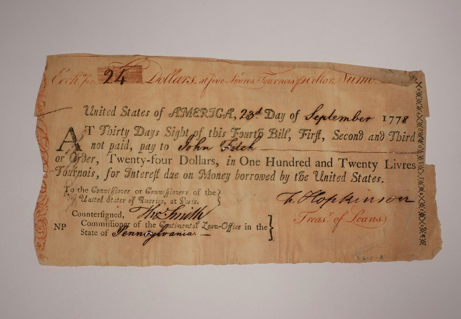 A SIGNED LOAN BY AMERICAN INVENTOR, INVENTORY OF THE FIRST AMERICAN STEAM BOAT, JOHN FITCH (1 of 1)