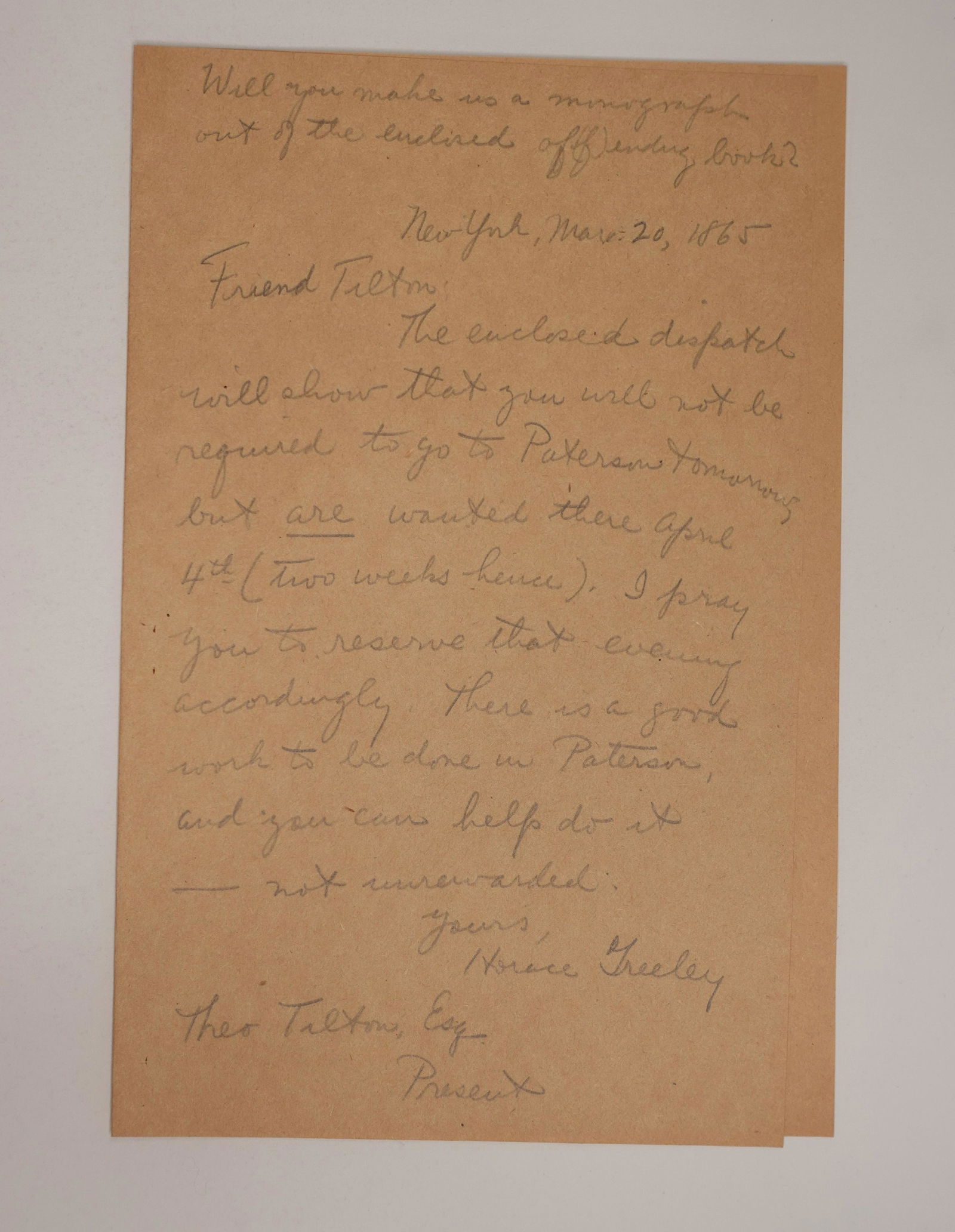 HORACE GREELEY SIGNED LETTER (1 of 1)