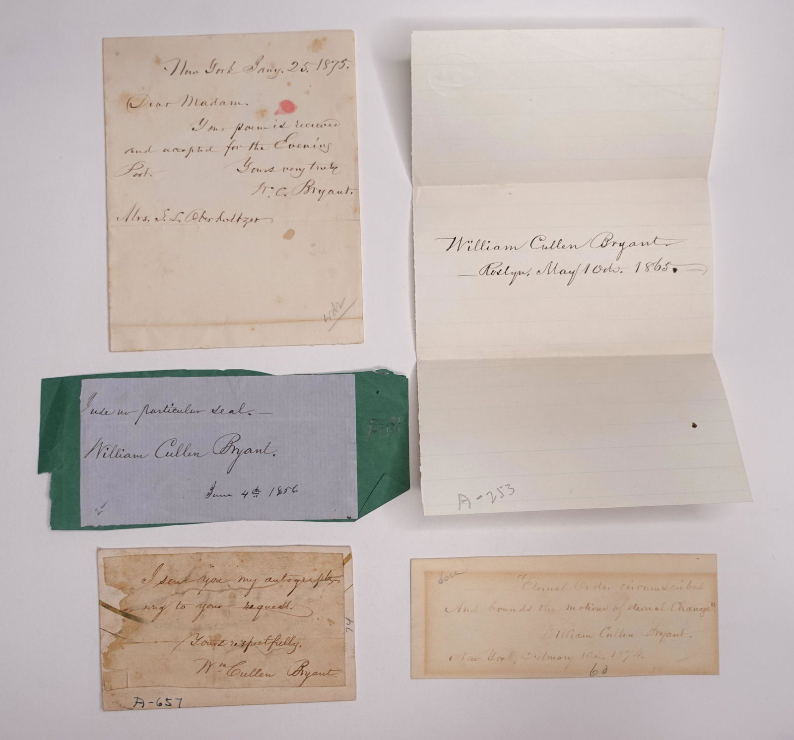 [WILLIAM CULLEN BRYANT] A GROUP OF CUT SIGNATURES, AUTOGRAPHS AND LETTERS (1 of 1)