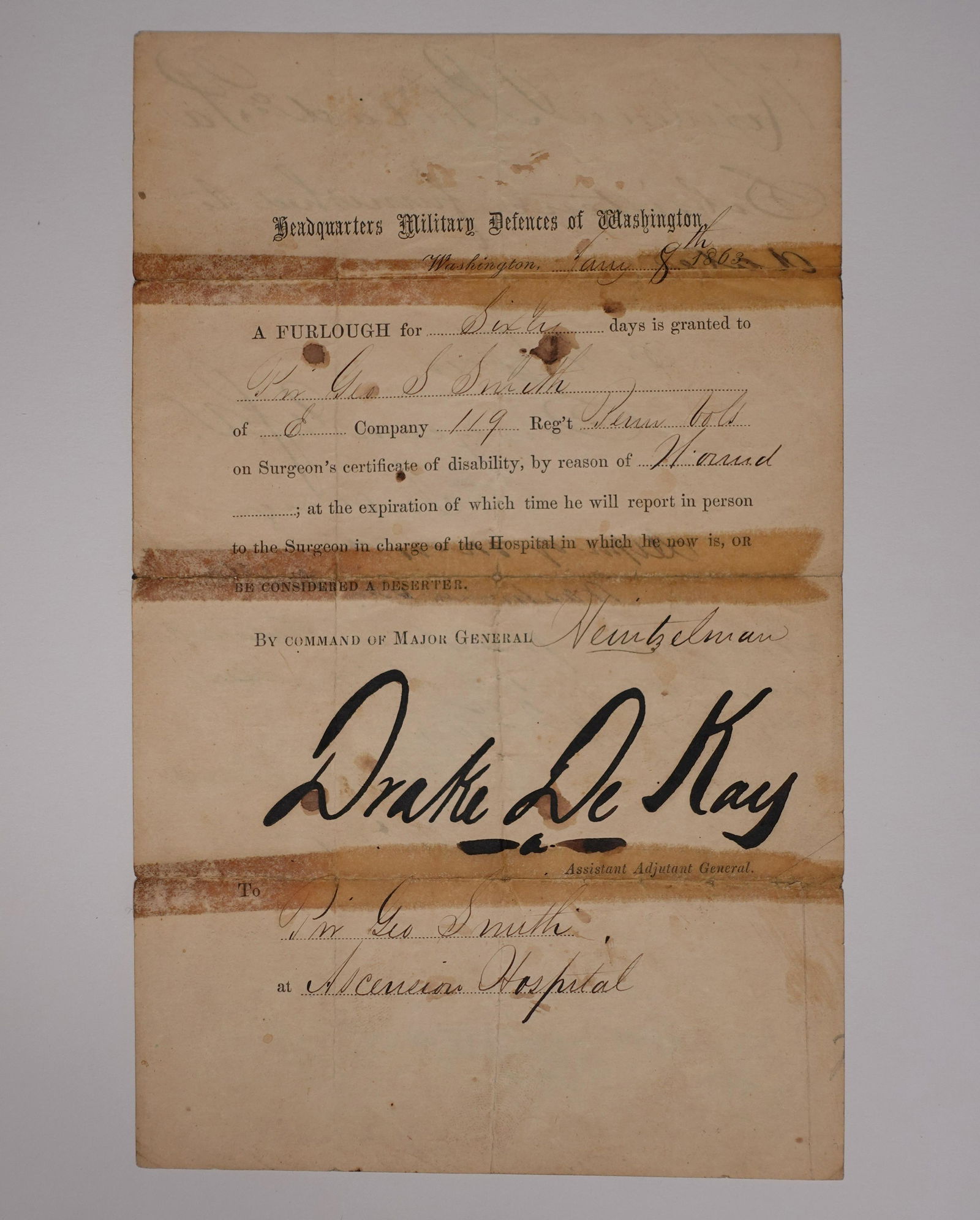 A SIGNED FURLOUGH DOCUMENT FOR THE HEADQUARTERS MILITARY DEFENCE OF WASHINGTON BY CIVIL WAR (1 of 2)