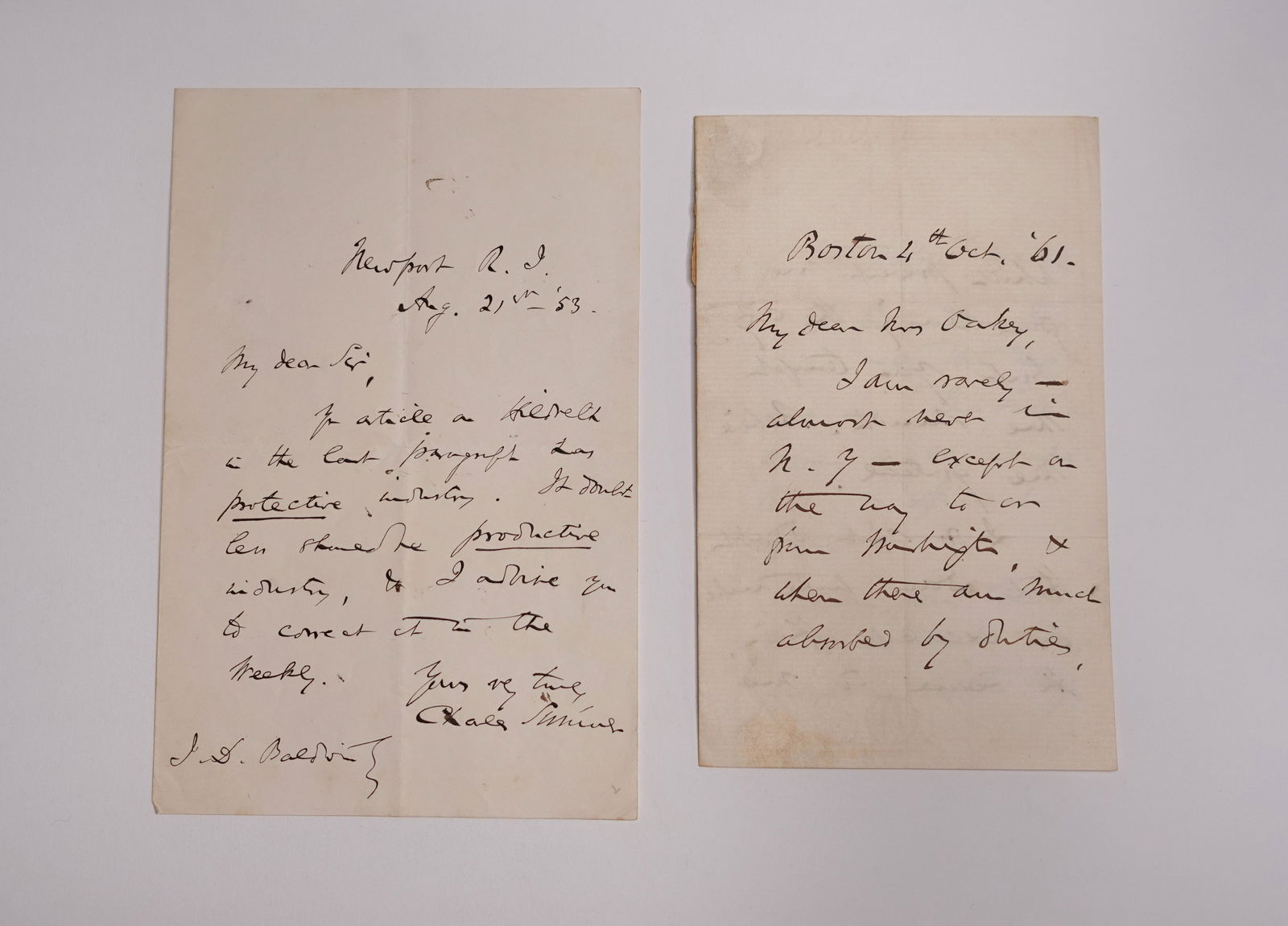 TWO SIGNED LETTERS FROM FORMER UNITED STATES SENATOR, CHARLES SUMMER (1 of 4)