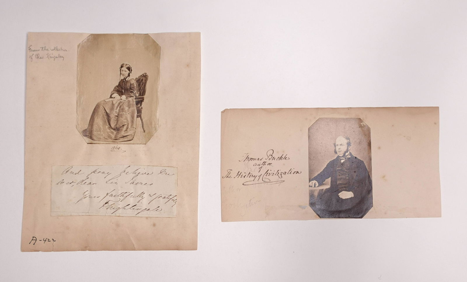 THREE PHOTOGRAPHS, ONE OF FLORENCE NIGHTINGALE AND THE OTHER OF HENRY THOMAS BUCKEL, A SIGNED: THREE PHOTOGRAPHS, ONE OF FLORENCE NIGHTINGALE AND THE OTHER OF HENRY THOMAS BUCKEL, A SIGNED LETTER, FROM ENGLISH STATISTICIAN AND "LADY WITH THE LAMP", FLORENCE NIGHTINGALE 2 pages, 3 photographs, o