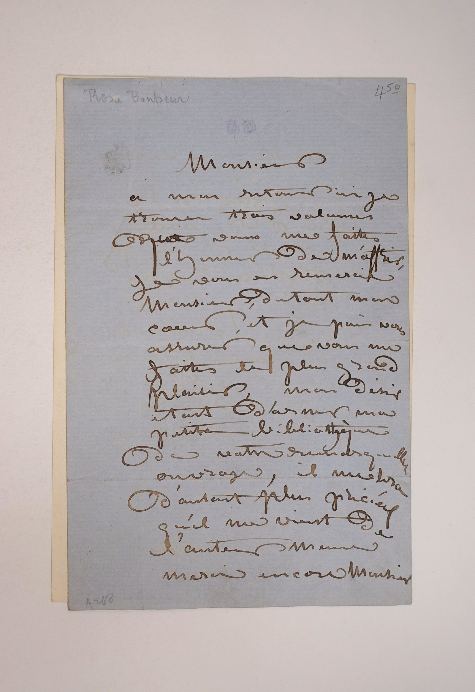 A SIGNED LETTER AND PHOTOGRAPH FROM FRENCH ARTIST, ROSA BONHEUR: 1 page, 1 photograph, mounted, loose; 20.5 x 14 cm (8 1/8 x 5 1/2 in.) [letter], 9.5 x 8.5 cm (3 3/4 x 3 3/8 in.) [photograph]