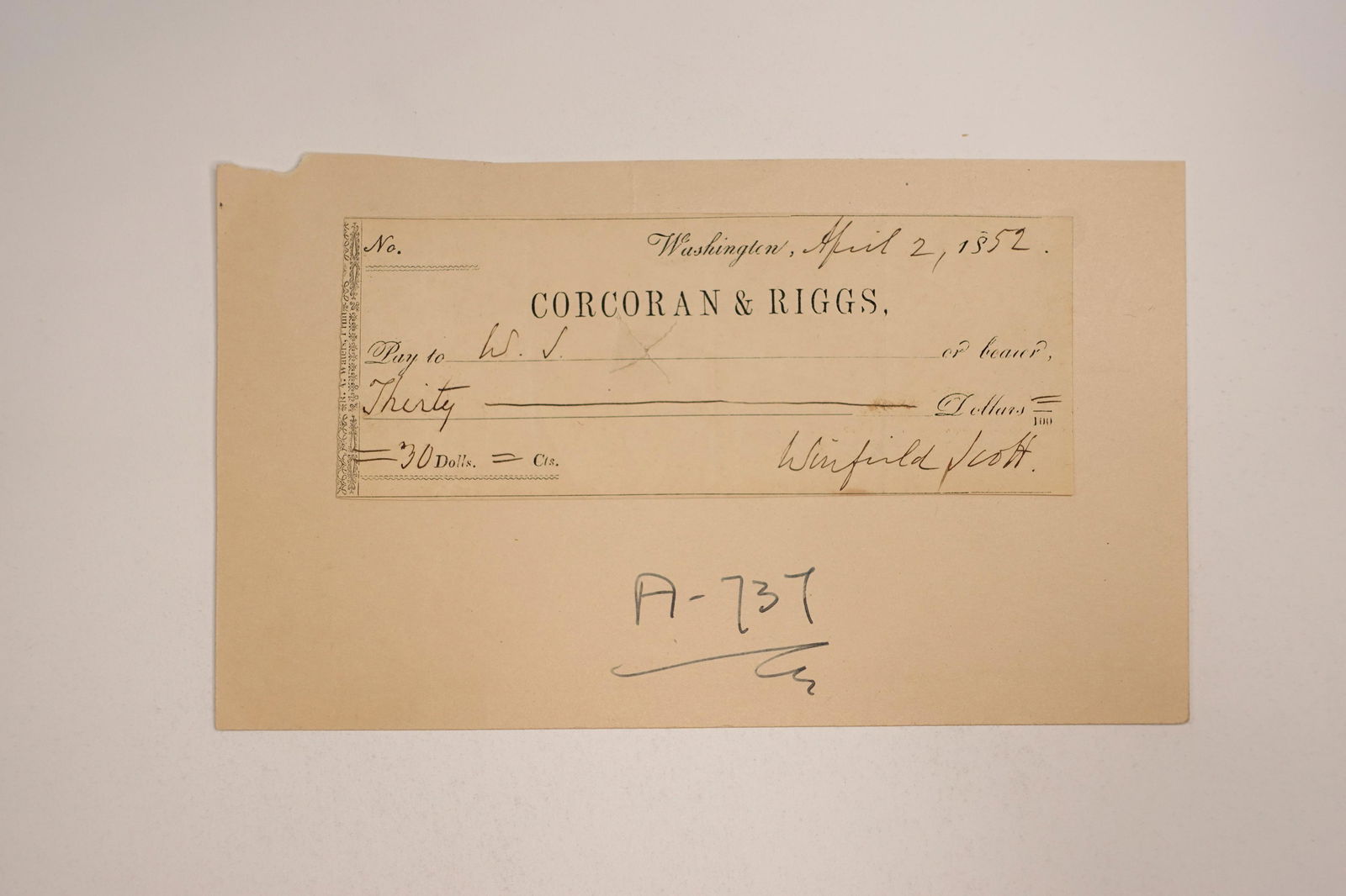 A SIGNED CHECK BY COMMANDING GENERAL OF THE U.S. ARMY WINFIELD SCOTT (1 of 1)