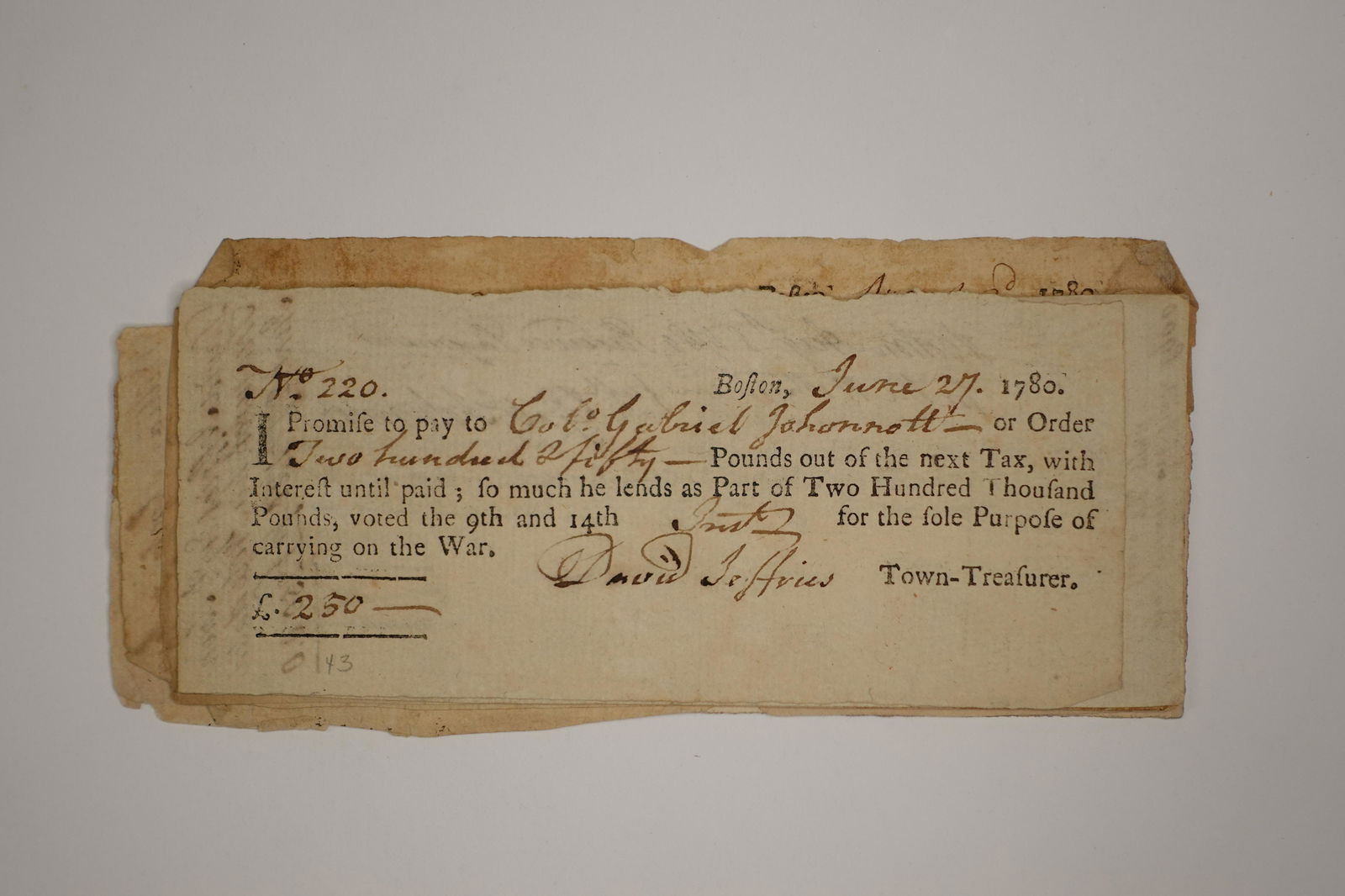 A GROUP OF SIGNED WAR BONDS BY TOWN TREASURER AND MERCHANT DAVID JEFFRIES (1 of 1)