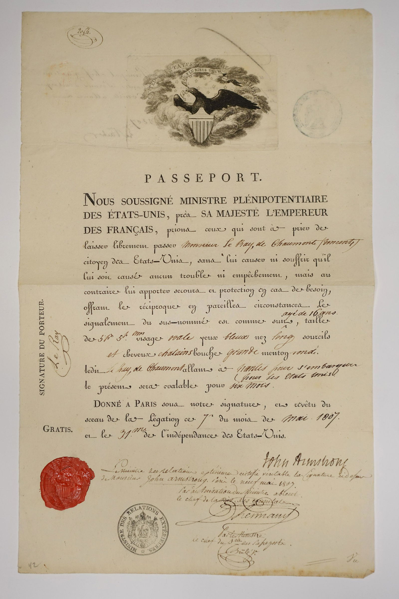 A UNITED STATES PASSPORT, MONSIEUR LE BAY, PRINTED AND SIGNED BY UNITED STATES MINISTER TO FRANCE (1 of 1)