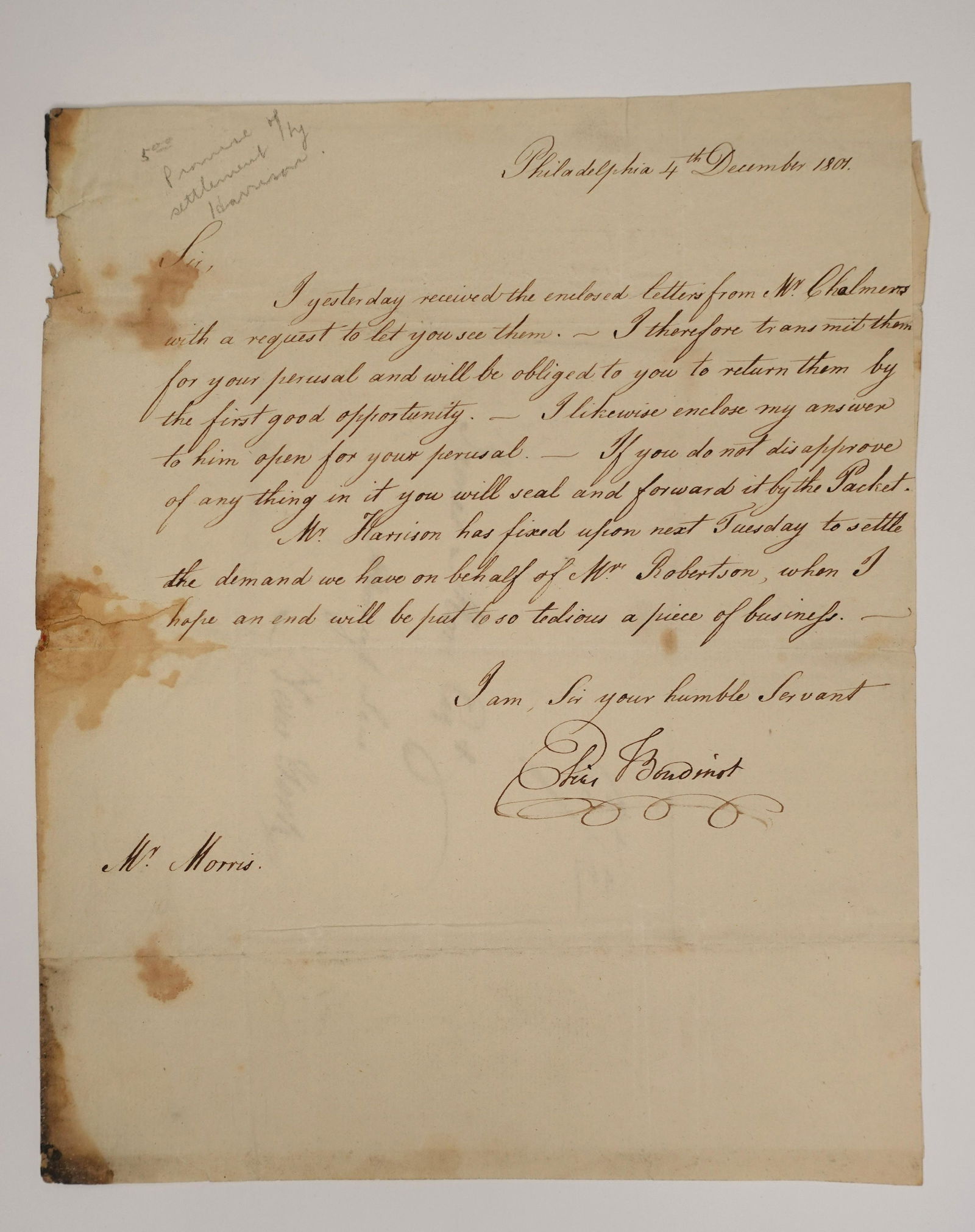 [ELIAS BOUDINOT] A SIGNED LETTER BY LAWYER AND STATESMAN, DELEGATE (1 of 2)