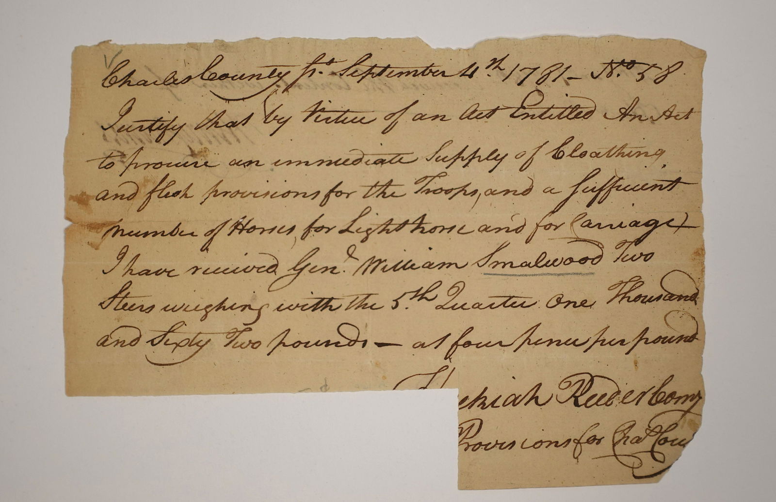 A SIGNED LETTER BY SOLDIER AND POLITICIAN, GENERAL WILLIAM SMALLWOOD (1 of 2)