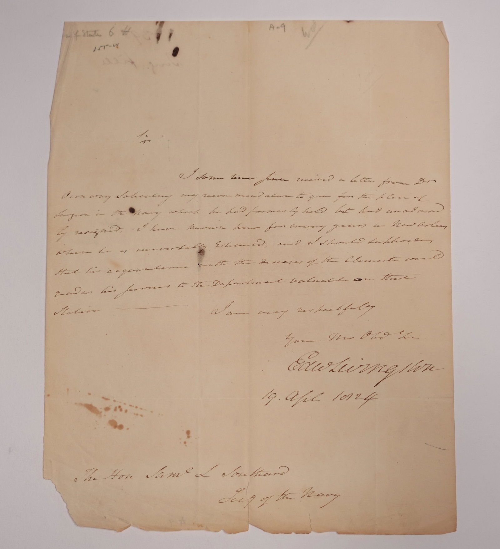 AN ENGRAVING AND SIGNED LETTER FROM FORMER MAYOR OF NEW YORK CITY, EDWARD LIVINGSTON (1 of 2)