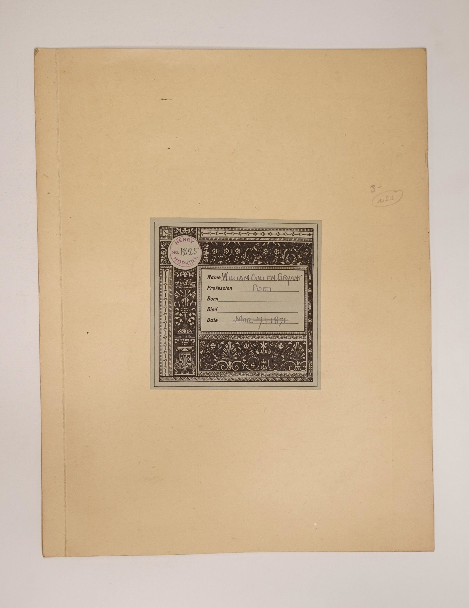 WILLIAM CULLEN BRYANT SIGNATURE AND ENGRAVINGS: 1 page, 2 engravings, one mounted, loose; largest measuring: 25 x 19.5 cm (9 7/8 x 7 5/8 in.), smallest measuring: 18.5 x 12.5 cm (7 1/4 x 4 7/8 in.), folder: 30 x 23 cm (11 3/4 x 9 in.)