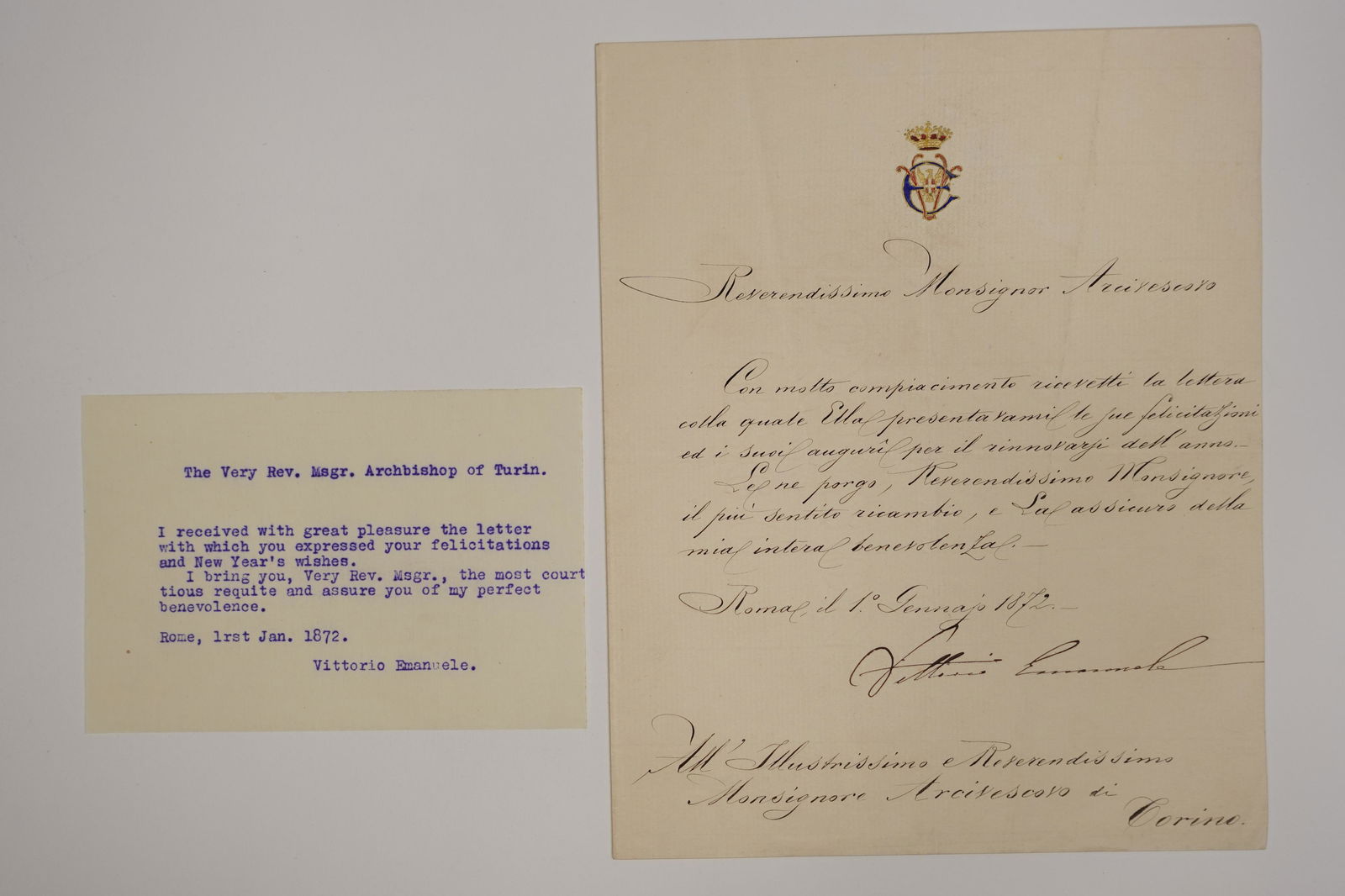 [VITTORIO EMMANUELE] AN ENGRAVING, PHOTOGRAPH, CLIPPED SIGNATURE, TWO SIGNED LETTERS ET AL (1 of 5)