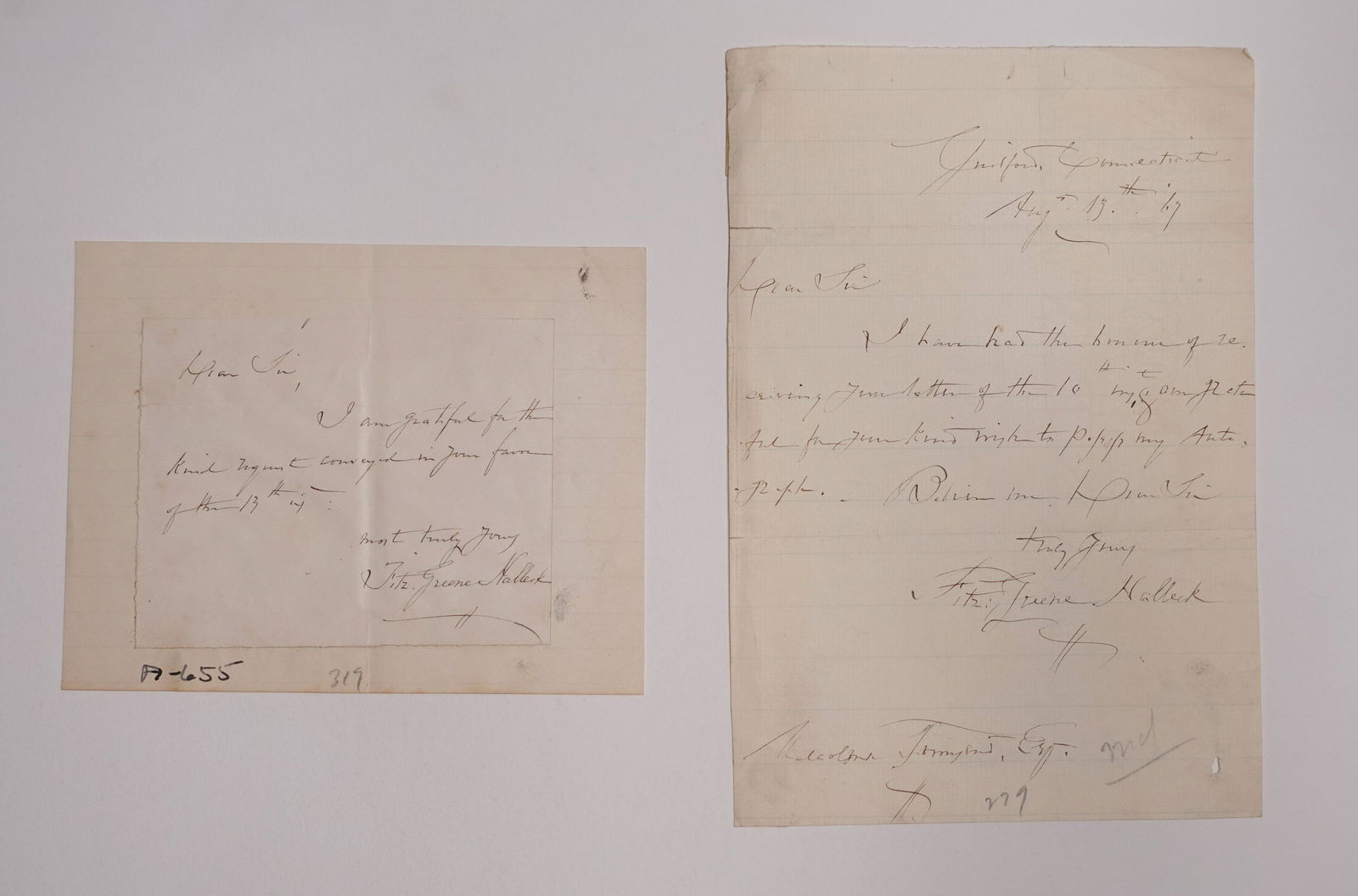 TWO SIGNED LETTERS FROM AMERICAN POET AND MEMBER OF THE KNICKERBOCKER GROUP, FITZ-GREENE HALLECK (1 of 2)