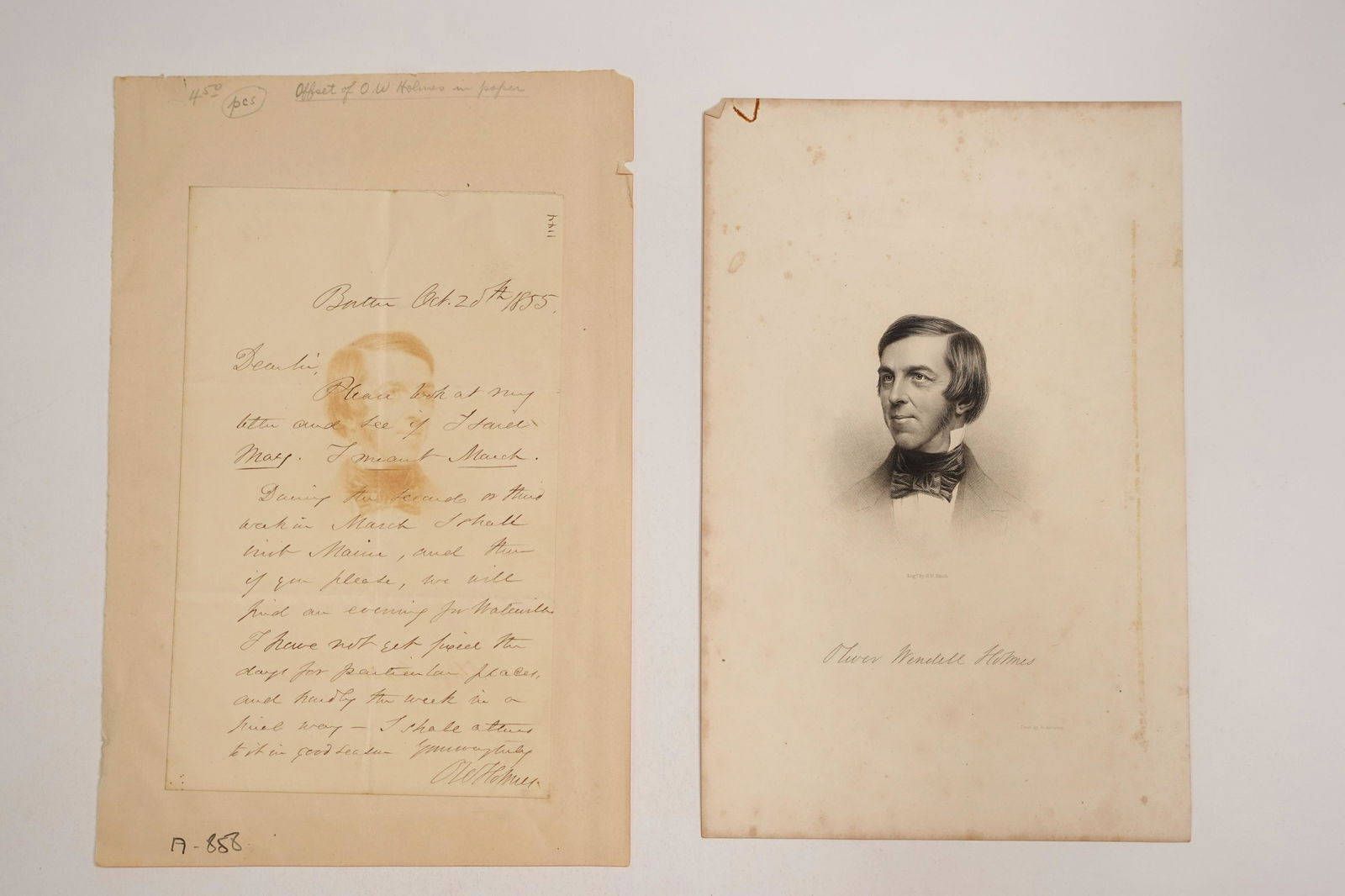A SIGNED LETTER AND ENGRAVING FROM OLIVER WENDELL HOLMES SR. (1 of 1)