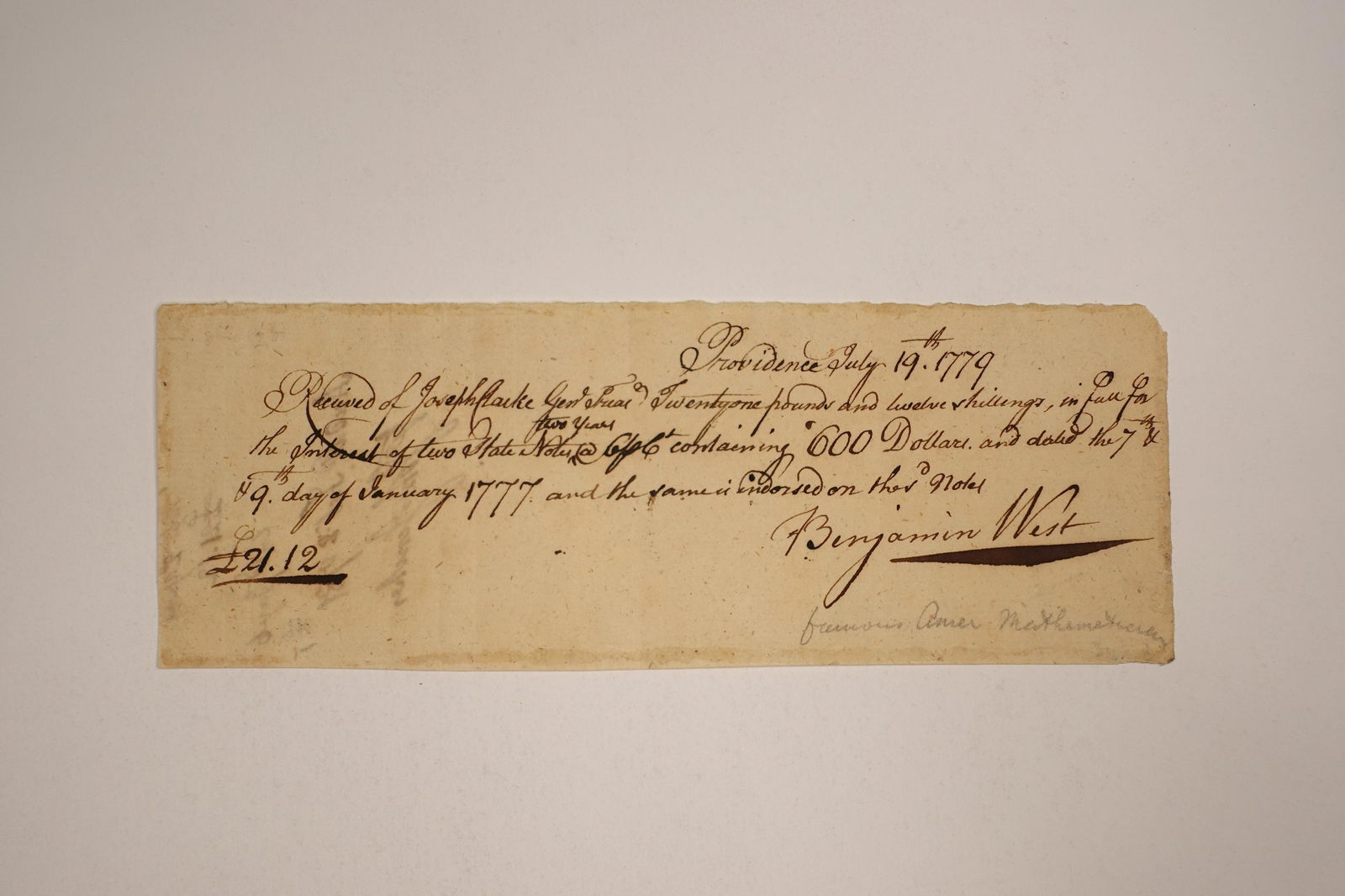 A SIGNED RECEIPT BY AMERICAN SCIENTIST AND ASTRONOMER, BENJAMIN WEST (1 of 2)