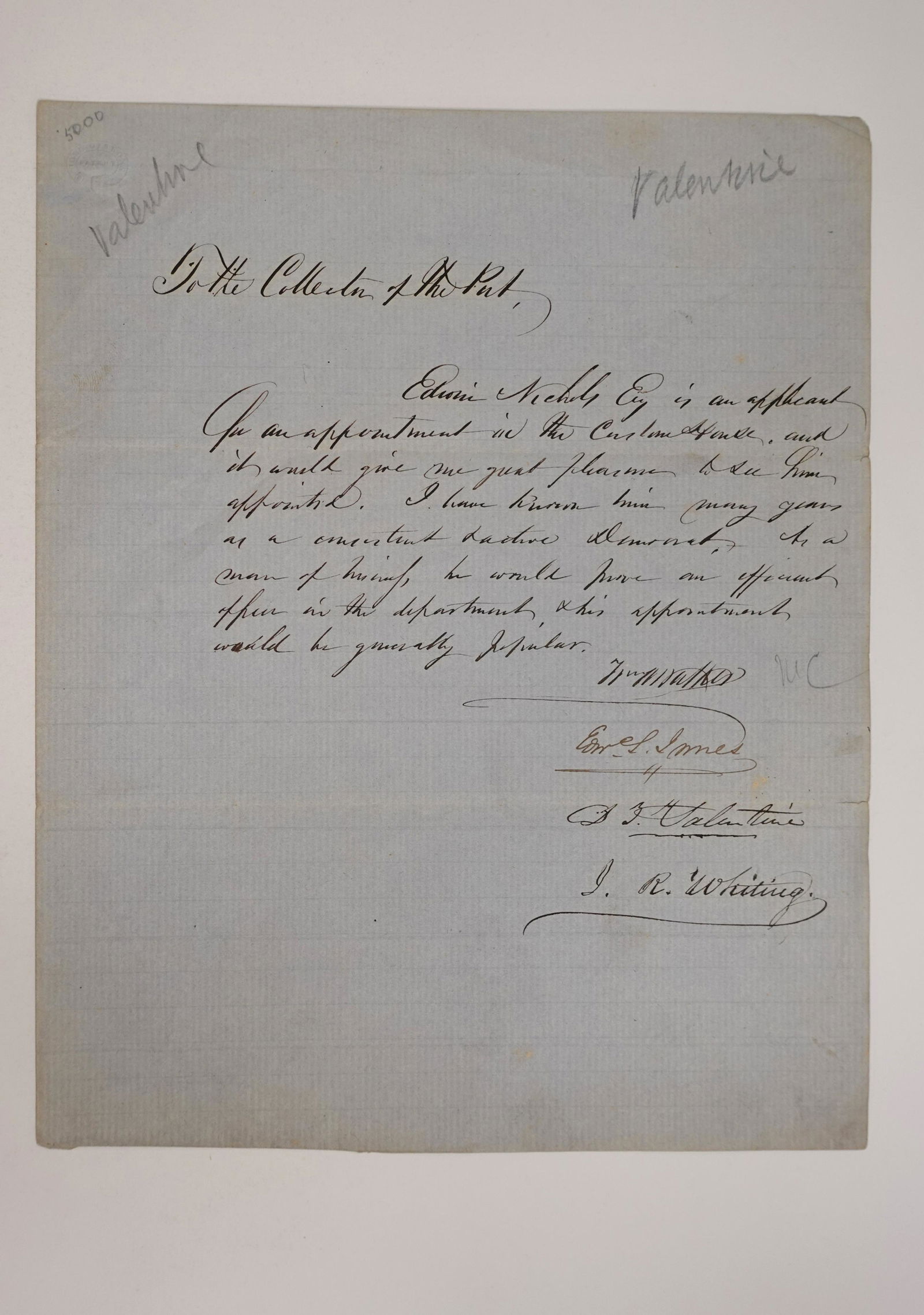 ONE SIGNED LETTER FROM, FORMER CLERK OF THE COMMON COUNCIL OF NEW YORK CITY, DAVID T. VALENTINE (1 of 1)