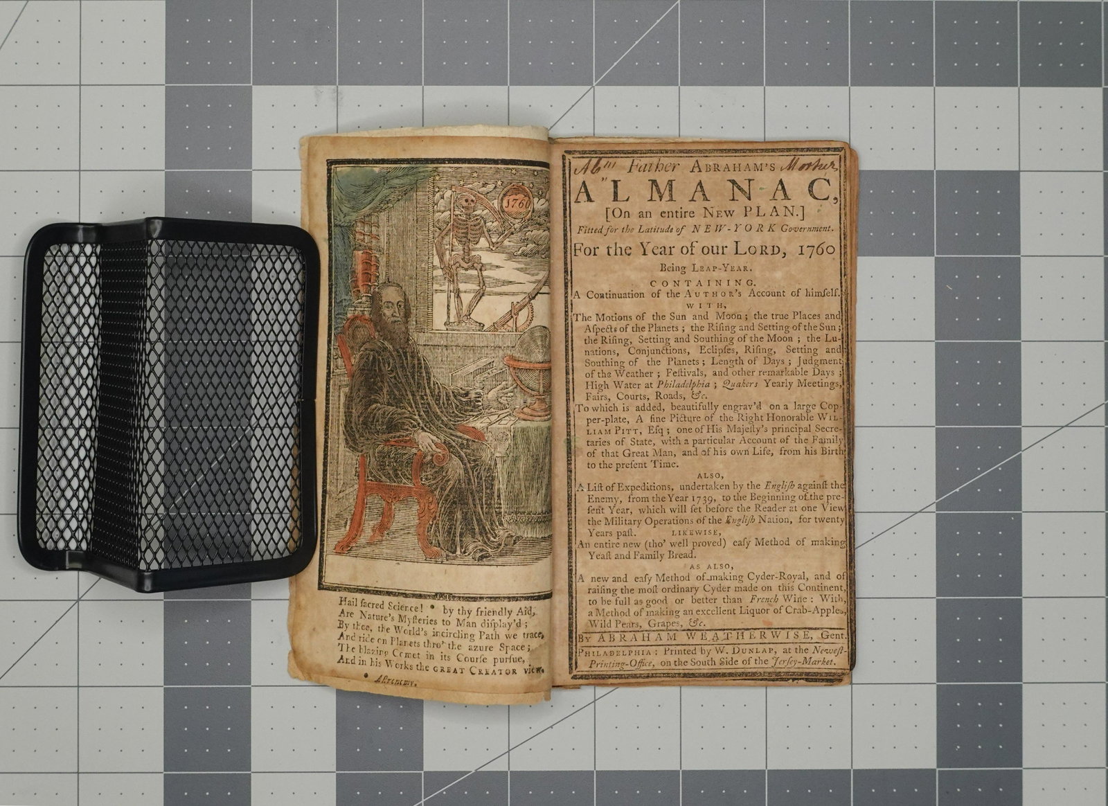 FATHER ABRAHAM'S ALMANAC, [ON AN ENTIRE NEW PLAN] FOR THE YEAR OF OUR LORD, 1760: ABRAHAM WEATHERWISE, GENT. FATHER ABRAHAM'S ALMANAC, [ON AN ENTIRE NEW PLAN] FOR THE YEAR OF OUR LORD, 1760... (Philadelphia: W. Dunlap, Printed and sold by W. Dunlap, at the newest-printing-office, i