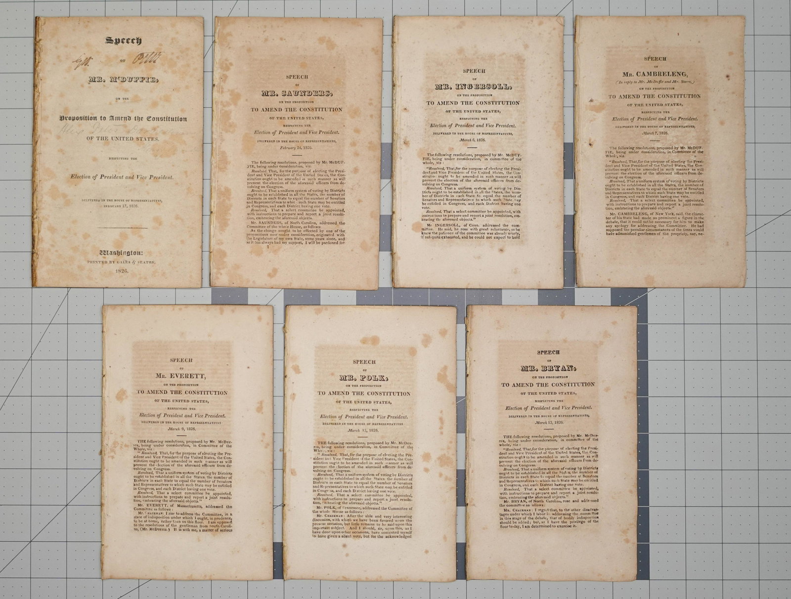 [SPEECHES ON AMENDMENTS TO THE CONSTITUTION], 1826: [Various speeches, by Mr. McDuffie, Saunders, Ingersoll, Everett, Polk and Bryan on the proposition to amend the Constitution] (Washington: Printed by Gales & Seaton, 1826), 12mo, 19.2 x 12 (7 9/16 x 