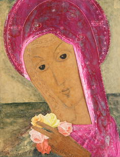 MARIE VASSILIEFF (RUSSIAN 1884-1957): MARIE VASSILIEFF (RUSSIAN 1884-1957) Madonna with Roses,1932 watercolor, ink, paper and foil collage on card 37 x 30 cm (14 5/8 x 11 3/4 in.) dimensions of Heydenryk frame: 54 x 48 cm (21 1/4 x 18 7/8