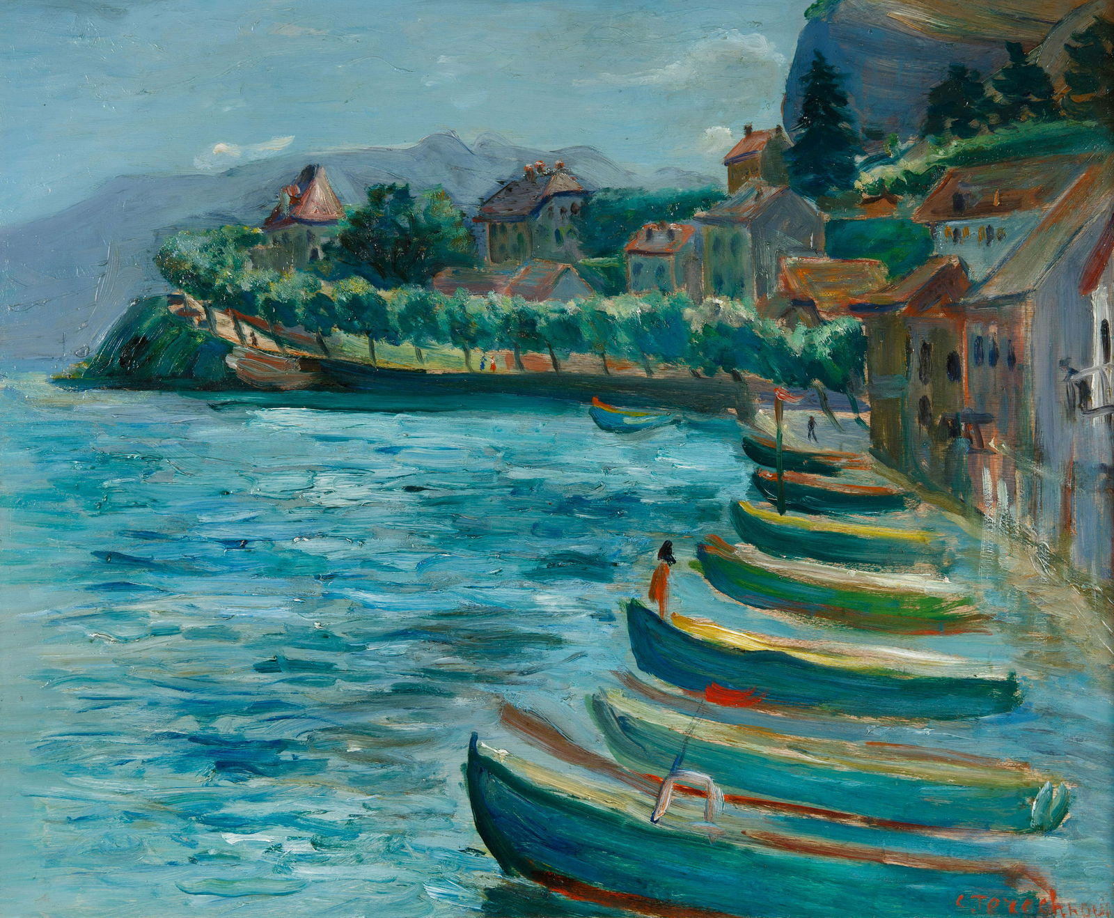 CONSTANTIN TERECHKOVITCH (RUSSIAN 1902-1978): CONSTANTIN TERECHKOVITCH (RUSSIAN 1902-1978) Harbor, oil on board 50 x 60 cm (19 3/4 x 23 5/8) framed dimensions: 76 x 87 cm (29 7/8 x 34 1/4 in.) signed lower right