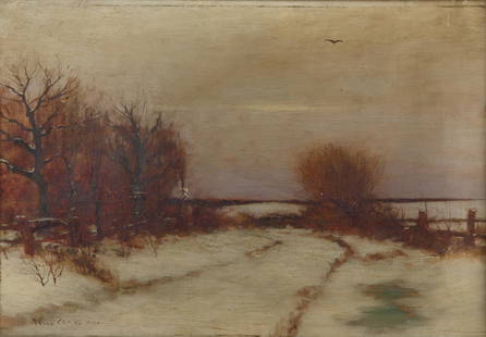 BRUCE CRANE (AMERICAN 1857-1937): BRUCE CRANE (AMERICAN 1857-1937) Snowy Lane, oil on canvas 36 x 51 cm (14 1/8 x 20 1/8 in.) framed dimensions: 60 x 75 cm (23 5/8 x 29 1/2 in.) signed lower left