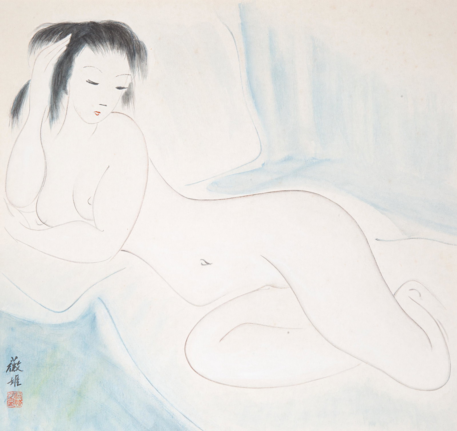 WEI JI (CHINESE 20TH CENTURY): WEI JI (CHINESE 20TH CENTURY) Recumbent Nude, ink and watercolor on paper 48 x 42 cm (18 7/8 x 16 1/2 in.) framed dimensions: 71 x 74 cm (28 x 29 1/8 in.) signed and marked with artist seal lower left