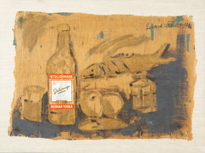 LEONID SOKOV (RUSSIAN 1941-2018): LEONID SOKOV (RUSSIAN 1941-2018) Still Life with Vodka and Fish,1986 oil and collage on burlap 50 x 72 cm (19 3/4 x 28 3/8 in.) signed and dated upper right PROVENANCE Acquired directly from the