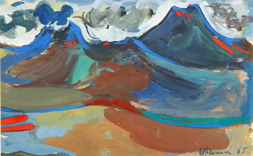 MINAS AVETISIAN (ARMENIAN 1928-1975): MINAS AVETISIAN (ARMENIAN 1928-1975) Mountainous Scape,1965 gouache on paper 15 x 24 cm (5 7/8 x 9 1/2 in.) framed dimensions: 40 x 49.5 cm (15 3/4 x 19 1/2 in.) signed and dated lower right; inscribe