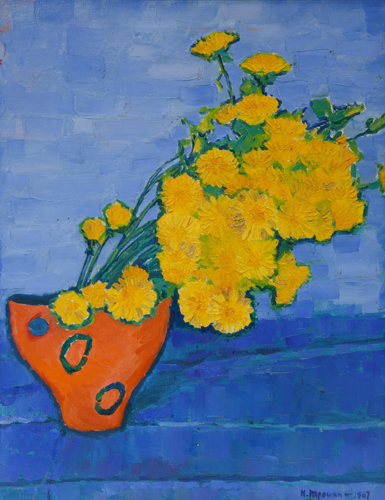 NIKOLAI TROSHIN (RUSSIAN 1897-1990): NIKOLAI TROSHIN (RUSSIAN 1897-1990) Still Life with Dandelions,1967 oil on canvas 80 x 62 cm (31 1/2 x 24 3/8 in.) framed dimensions: 85 x 67 cm (33 1/2 x 26 3/8 in.) signed and dated lower right; sig