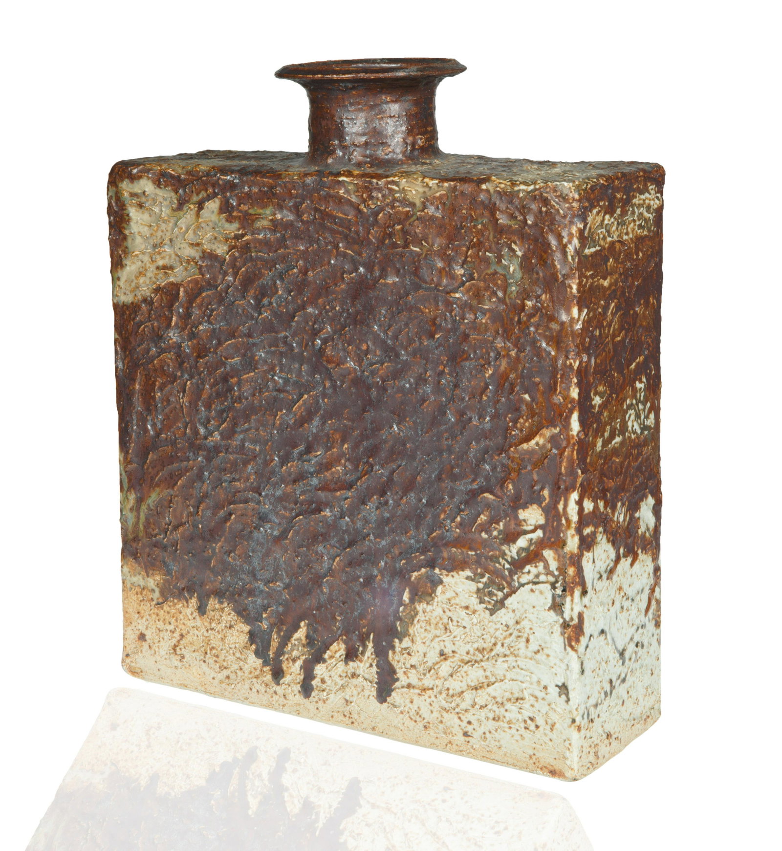 AN ARABIA FINLAND STONEWARE ART VASE, MOST LIKELY 1960S: AN ARABIA FINLAND STONEWARE ART VASE, MOST LIKELY 1960S square-form with tapered neck, with a relief textured body of earth hues, green underglaze maker's mark; width: 29 cm (11 1/2 in.), height: 36 c