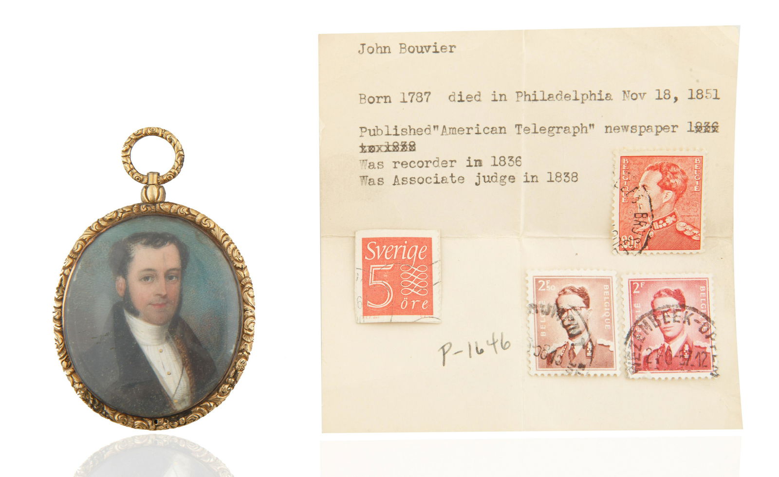 ENAMEL PORTRAIT OF JOHN BOUVIER (AMERICAN 1787-1851) ACCOMPANIED BY FOUR STAMPS (1 of 5)