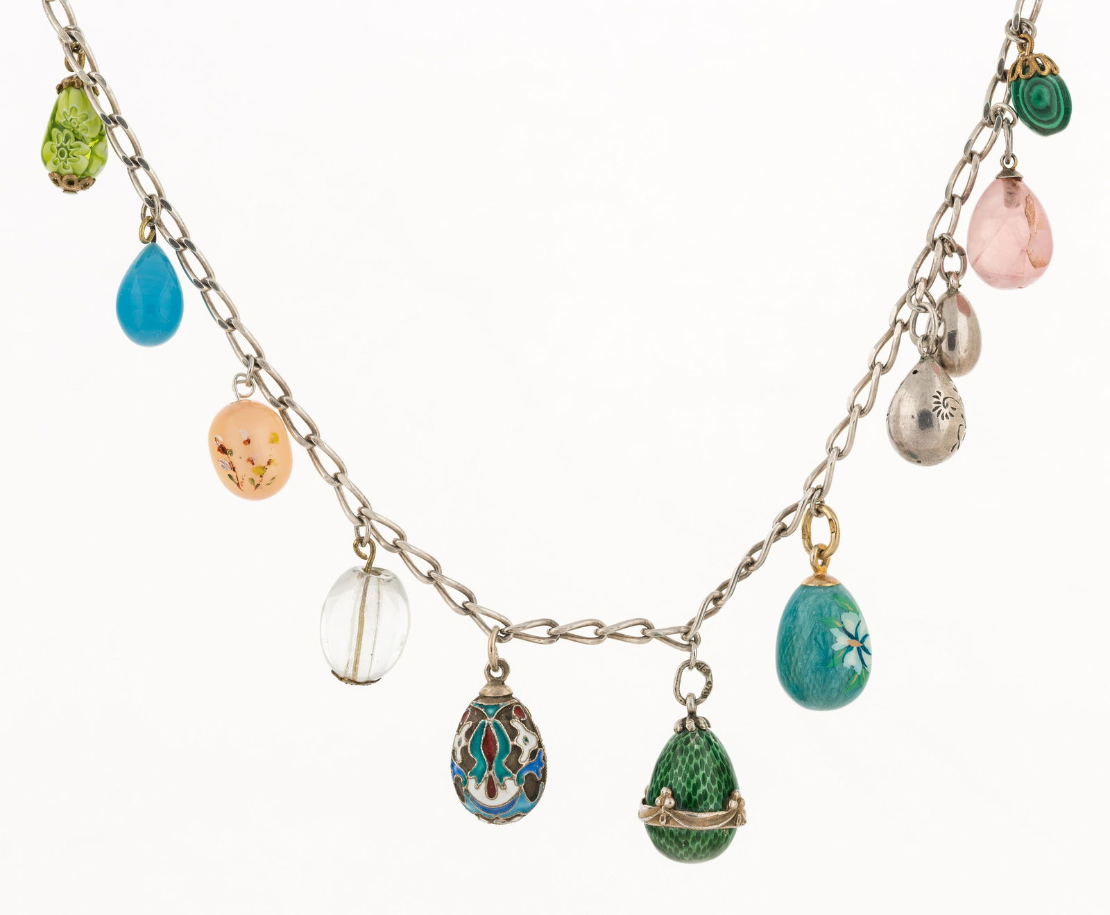 AN ANTIQUE RUSSIAN GOLD, SILVER, ENAMEL AND HARDSTONE MINIATURE EGG NECKLACE, VARIOUS MAKERS, (1 of 9)