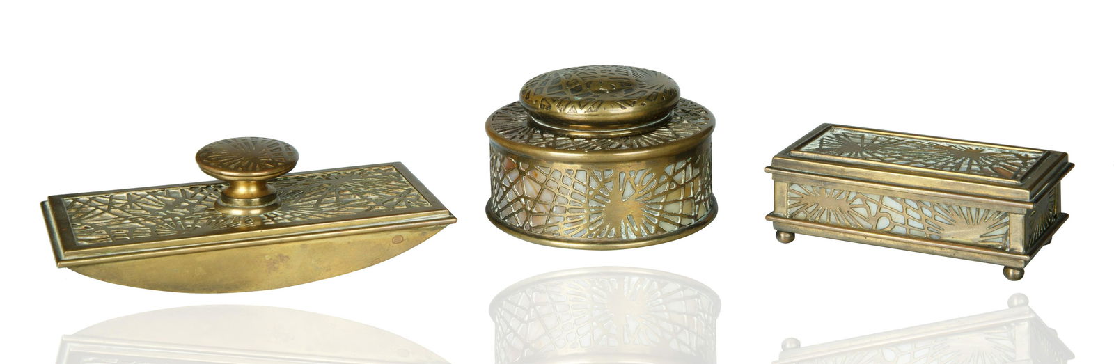 A THREE-PIECE TIFFANY AND CO. BRONZE AND STAINED GLASS DESK SET (1 of 7)