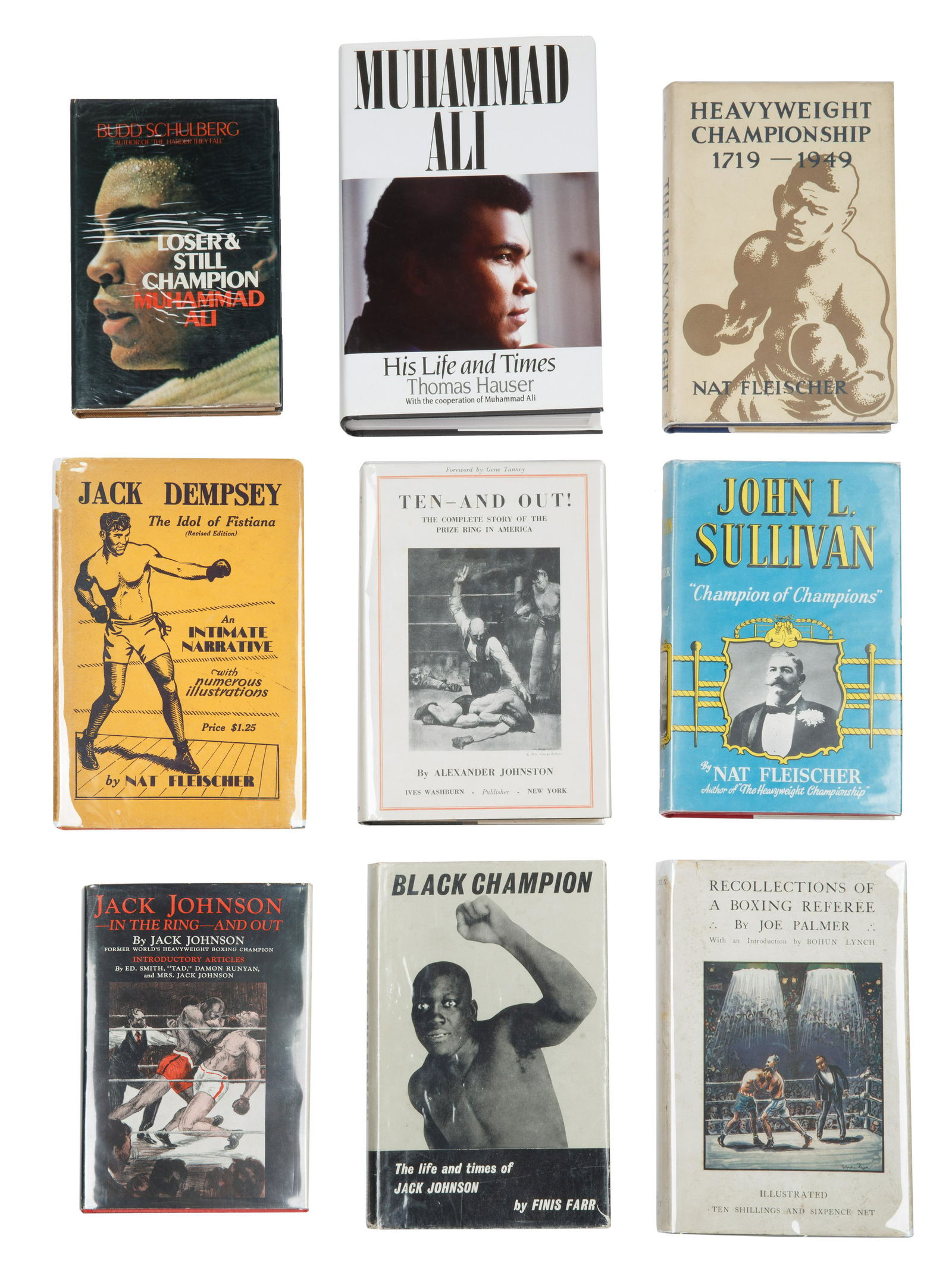 [NAT FLEISCHER, JACK JOHNSON, ALEXANDER JONSTON, BUDD SHULBERG AND OTHERS], GROUP OF NINE BOXING: [NAT FLEISCHER, JACK JOHNSON, ALEXANDER JONSTON, BUDD SHULBERG AND OTHERS], GROUP OF NINE BOXING HARDCOVER BOOKS comprising a) FINIS FARR, author, BLACK CHAMPION, THE LIFE AND TIMES OF JACK JOHNSON (G
