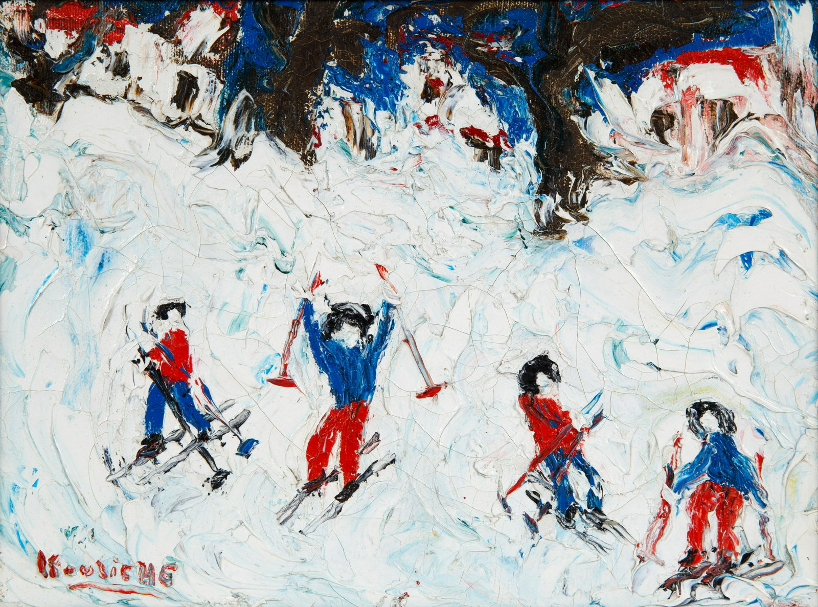 MICHEL KOULICHE (FRENCH 1922-2010): MICHEL KOULICHE (FRENCH 1922-2010) Ski in Chambery France,1969 oil on board 22.5 x 30 cm (8 7/8 x 11 3/4 in.) framed dimensions: 38 x 45 cm (15 x 17 3/4 in.) signed lower left; signed, dated and title