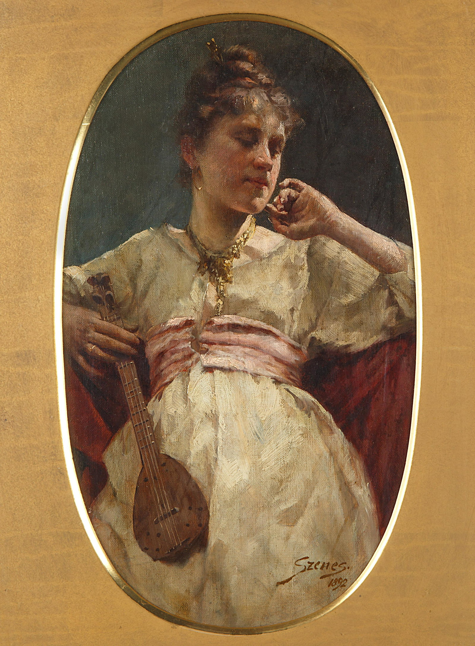 FULOP SZENES (HUNGARIAN 1863-1994): FULOP SZENES (HUNGARIAN 1863-1994) Woman,1892 oil on canvas laid on board 40 x 24 cm (15 3/4 x 9 1/2 in.) framed dimensions: 66.5 x 50 cm (26 1/8 x 19 3/4 in.) signed and dated lower right; with Hunga