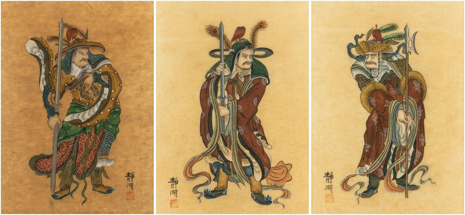 A GROUP OF THREE CHINESE WARRIOR PAINTINGS BY JING HU (1 of 6)