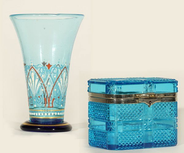 PAIR OF BLUE RUSSIAN ANTIQUE GLASS ITEMS: A PAIR OF RUSSIAN GLASS OBJECTS, 19TH-EARLY 20TH CENTURIES, a) A chrome-mounted cut glass trinket box, 1908, marked in Cyrillc on the base 'OT' 'MF' '10 LET' 1908' for the Mal'tsev Glass Works, rectan