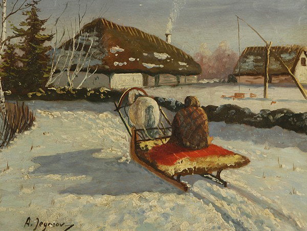 EGOROV, ANDREI: ANDREI AFANASIEVICH EGOROV (RUSSIAN 1878-1954), "A Hayride in the Snow", oil on board, 29.8 x 38.7 cm (11 3/4 x 15 1/4 in.), signed lower left