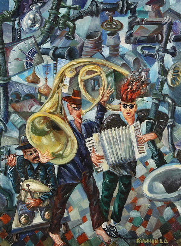 KALININ, VYACHESLAV: VYACHESLAV KALININ (RUSSIAN B1939), "Surrealist Concert", 1980, oil on canvas, 65 x 50 cm. (25 5/8 x 19 5/8 in.), signed in Cyrillic 'Kalinin V.V.' lower right, titled, signed, and dated on back. We a