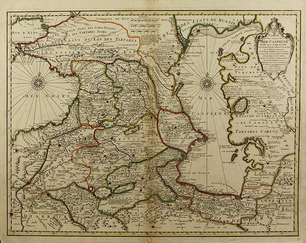 CA 1800 MAP OF THE CAUCUSUS AND CASPIAN SEA: A HAND-COLORED MAP OF THE CAUCASUS AND THE CASPIAN SEA, C.1800, printed in Amsterdam by Jean Covens and Corneille Mortier, Geographers, with text in French, 53 x 65 cm (20 7/8 x 25 5/8 in.)