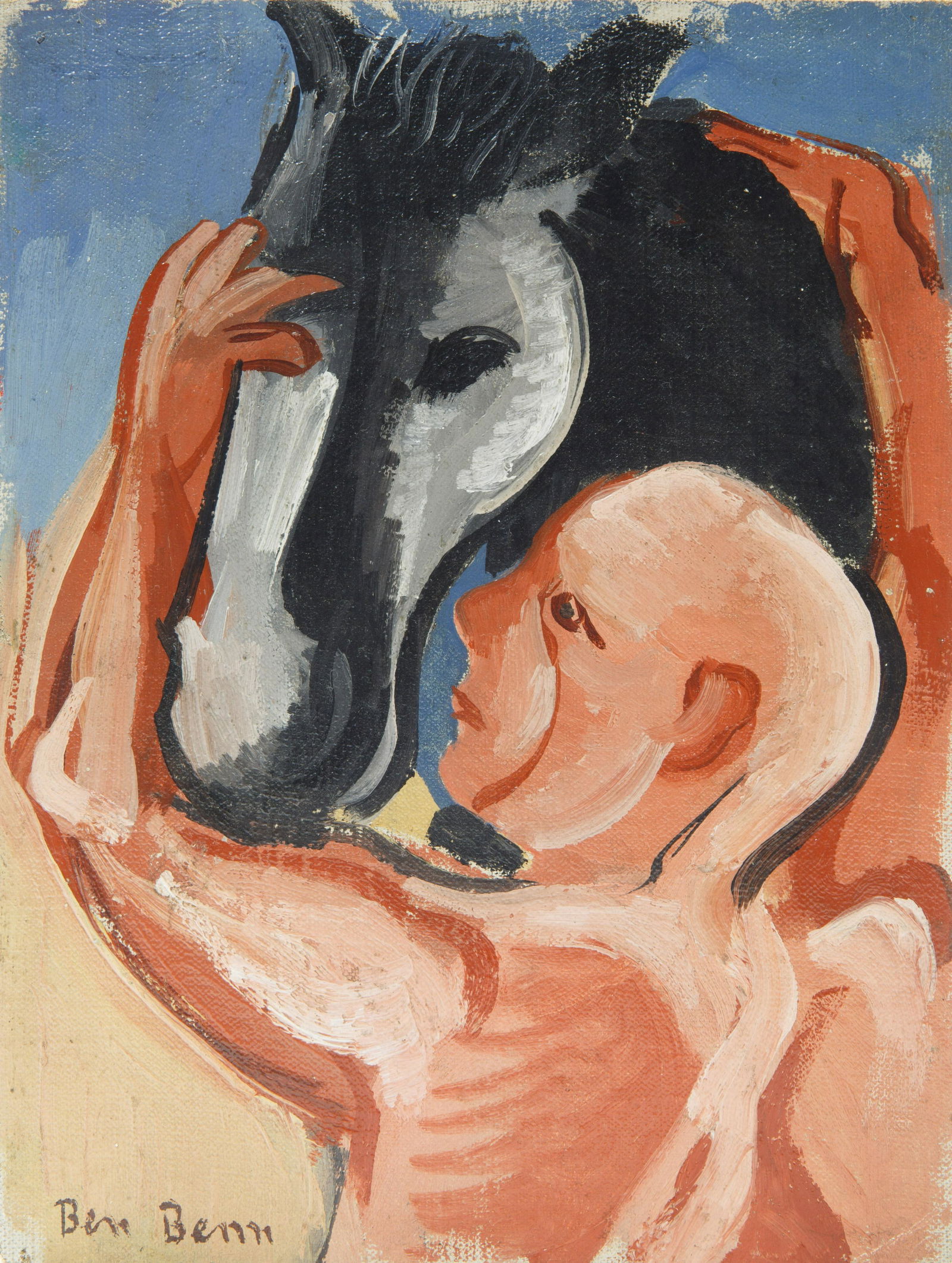 BEN BENN (AMERICAN 1884-1983): BEN BENN (AMERICAN 1884-1983) Man with Horse, 1932 oil on board 30 x 23 cm (11 3/4 x 9 in.) unframed signed lower left and on verso