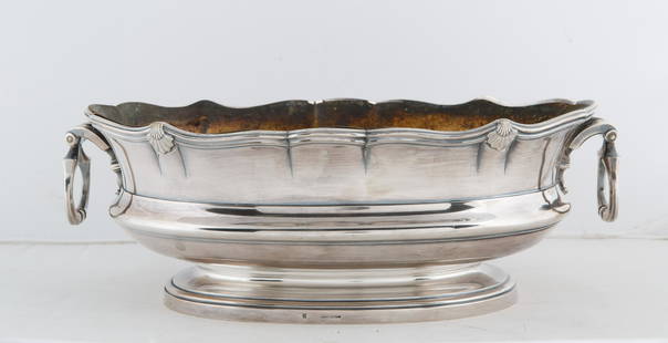 ROBERT LINZELER FRENCH STERLING SILVER JARDINIERE: ROBERT LINZELER SILVER JARDINIERE a French silver jardiniere on a foot with two ring-shaped handles with an original brass insert, stamped with the master mark; dimensions: 14 x 39 x 24 cm (5 1/2 x 15