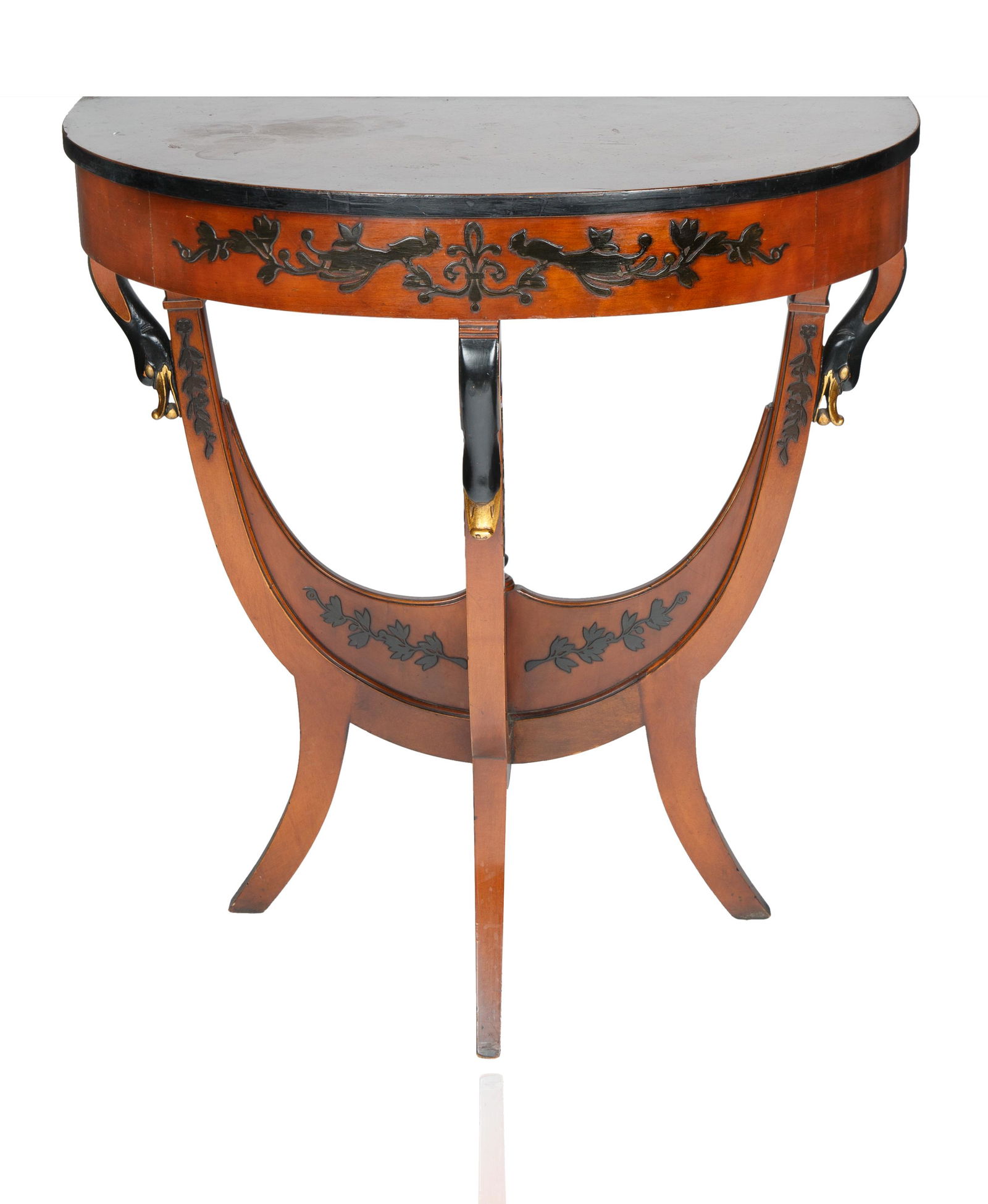 ROBERT IRWIN CO. SATINWOOD NEOCLASSICAL CONSOLE TABLE: ROBERT IRWIN CO. SATINWOOD NEOCLASSICAL CONSOLE TABLE signed Irwin under the table; height: 75 cm (29 1/2 in.), width: 68 cm (26 7/8 in.)