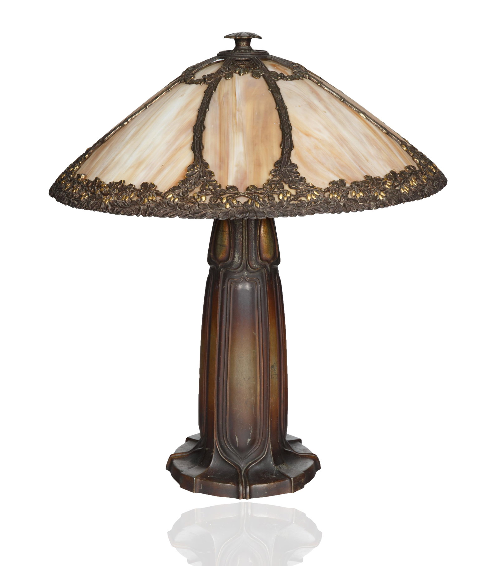 A BRADLEY & HUBBARD SLAG GLASS TABLE LAMP, CIRCA 1907: A BRADLEY & HUBBARD SLAG GLASS TABLE LAMP, CIRCA 1907 a bronze three light table lamp with floral glass lamp shade; height: 58 cm (22 7/8 in.) PROVENANCE Tepper Galleries, New York, 1998