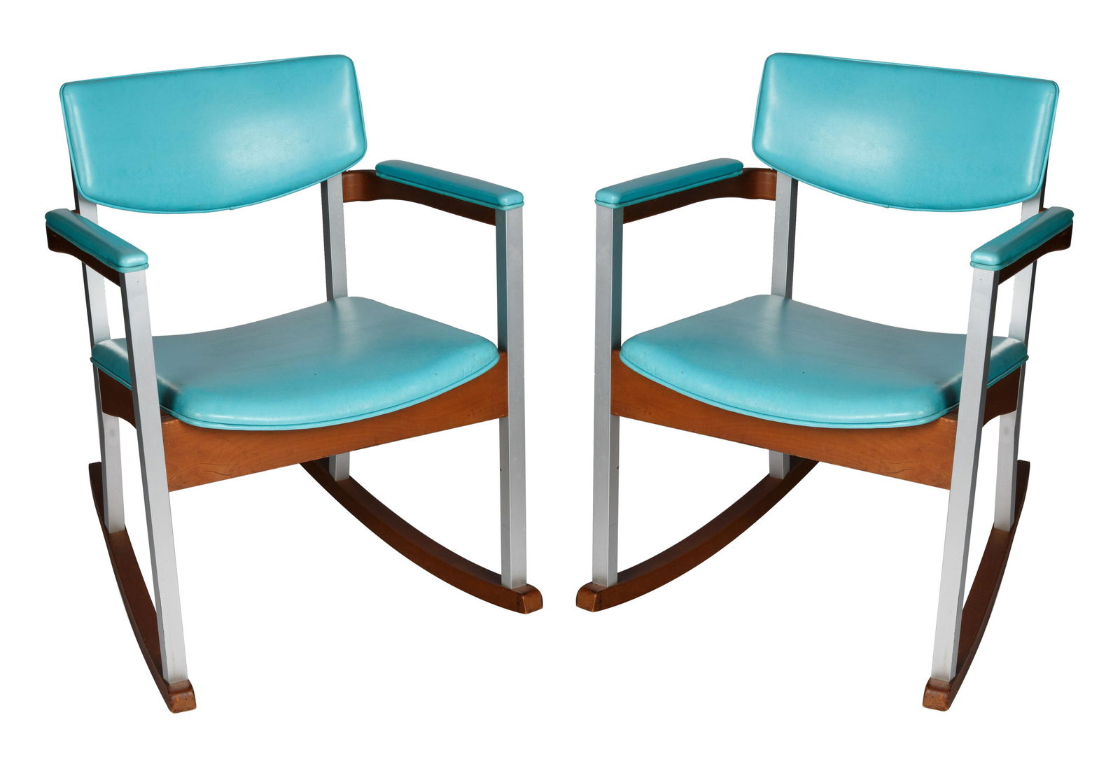 A PAIR OF RARE MID-CENTURY THONET WOOD, ALUMINUM AND VINIL ROCKING CHAIRS (1 of 3)