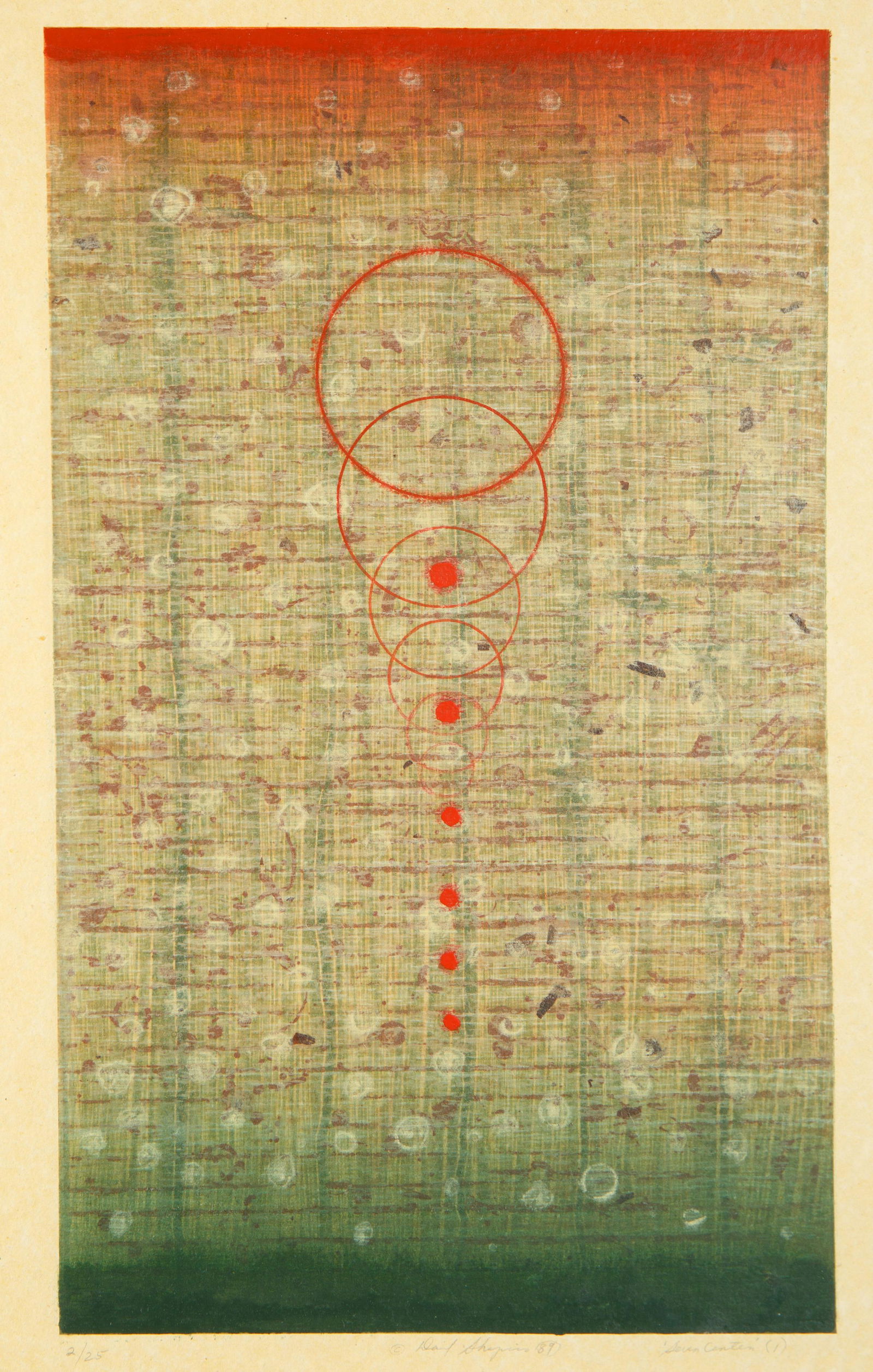 DAVID SHAPIRO (AMERICAN 1944–2014): DAVID SHAPIRO (AMERICAN 1944-2014)Seven Centers, 1989color etching on paper73.6 x 55.3 cm (29 x 21 3/4 in.)framed dimensions: 86 x 68 cm (33 7/8 x 26 3/4 in.)signed, dated, titled and numbered, editio