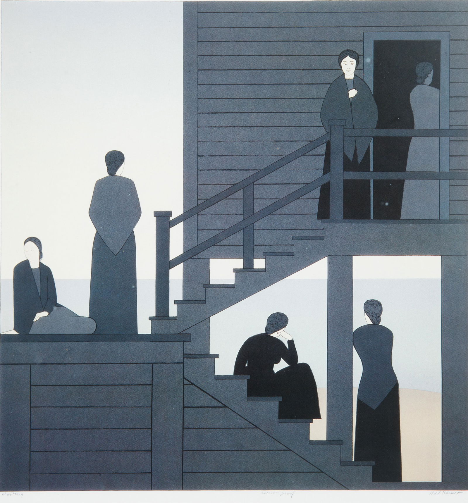 WILL BARNET (AMERICAN 1911-2012): WILL BARNET (AMERICAN 1911-2012)Waiting from Kent Bicentennial Portfolio: Spirit of Independence, 1975lithograph and screen print on paper30 x 29 cm (11 3/4 x 11 3/8 in.)framed dimensions: 43 x 43 cm