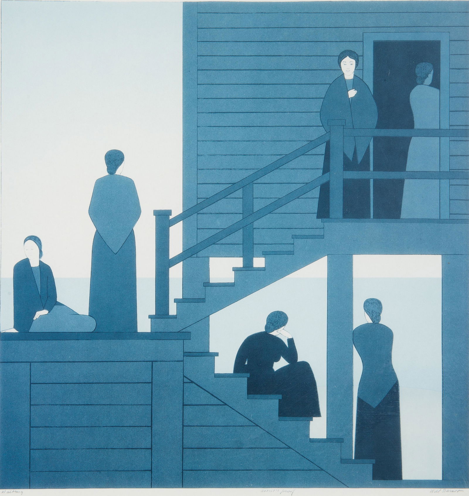 WILL BARNET (AMERICAN 1911-2012): WILL BARNET (AMERICAN 1911-2012)Waiting from Kent Bicentennial Portfolio: Spirit of Independence in Blue, 1975lithograph and screen print on paper30 x 29 cm (11 3/4 x 11 3/8 in.)framed dimensions: 44.