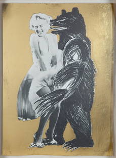 LEONID SOKOV (RUSSIAN 1941-2018): LEONID SOKOV (RUSSIAN 1941-2018)Marilyn and Bear, 1990acrylic, screenprint and gold foil on paper78 x 57 cm (30 3/4 x 22 1/2 in.)framed dimensions: 88 x 66 cm (34 5/8 x 26 in.)signed and numbered 10/9